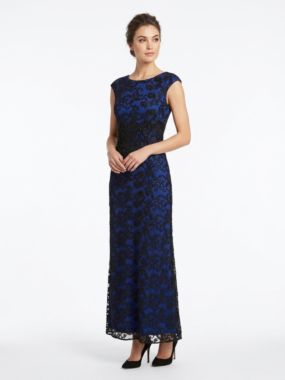 Alex Evenings Royal Blue Black Lace Beaded Formal Maxi Gown Size 6